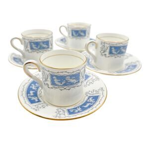 Coalport Revelry Demitasse Coffee Cups Saucers Set of 4 Cupid Scrolls Grey Blue